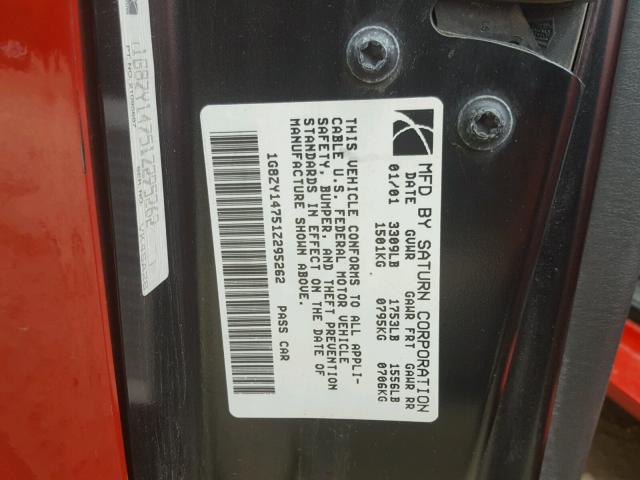 1G8ZY14751Z295262 - 2001 SATURN SC2 RED photo 10
