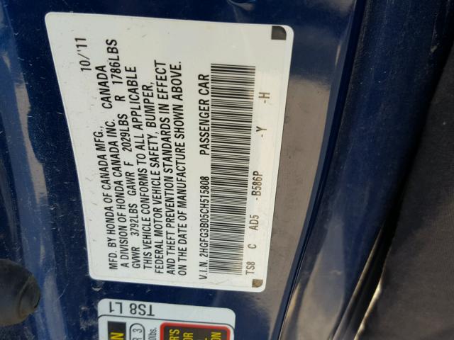 2HGFG3B05CH515808 - 2012 HONDA CIVIC EXL BLUE photo 10
