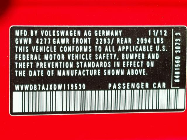 WVWDB7AJXDW119530 - 2013 VOLKSWAGEN GOLF RED photo 10