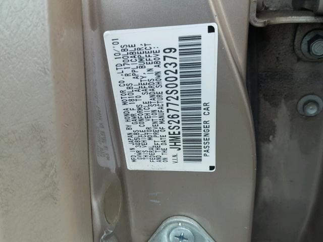 JHMES26772S002379 - 2002 HONDA CIVIC EX BEIGE photo 10