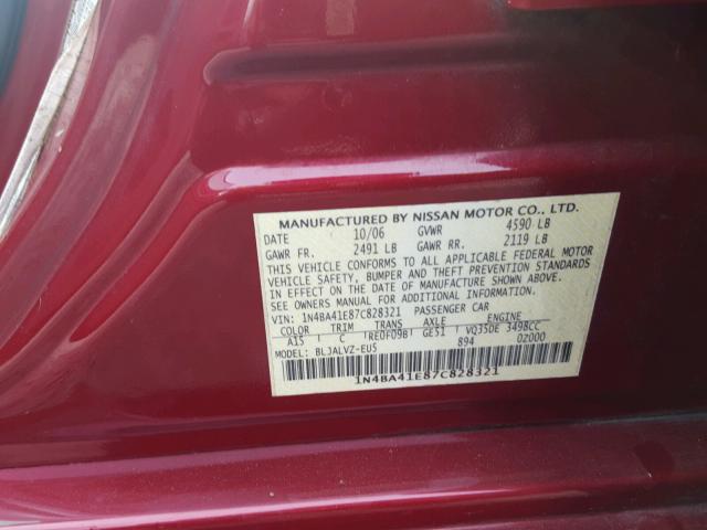 1N4BA41E87C828321 - 2007 NISSAN MAXIMA SE BURGUNDY photo 10