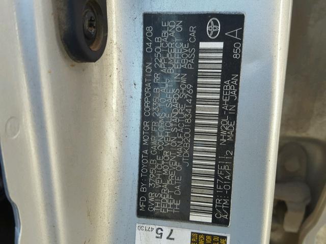 JTDKB20U183414769 - 2008 TOYOTA PRIUS SILVER photo 10