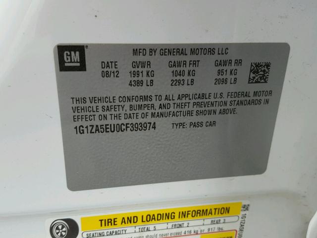 1G1ZA5EU0CF393974 - 2012 CHEVROLET MALIBU LS 白色 照片 10