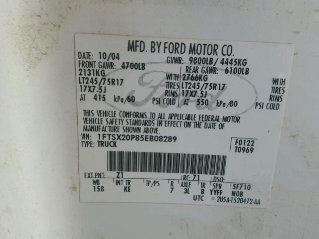 1FTSX20P85EB08289 - 2005 FORD F250 SUPER WHITE photo 10