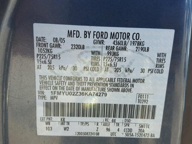 1FMYU02Z36KA74279 - 2006 FORD ESCAPE XLS BLUE photo 10