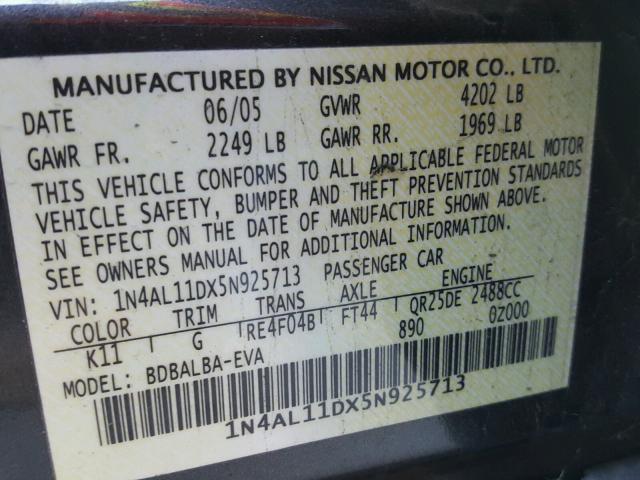 1N4AL11DX5N925713 - 2005 NISSAN ALTIMA S GRAY photo 10