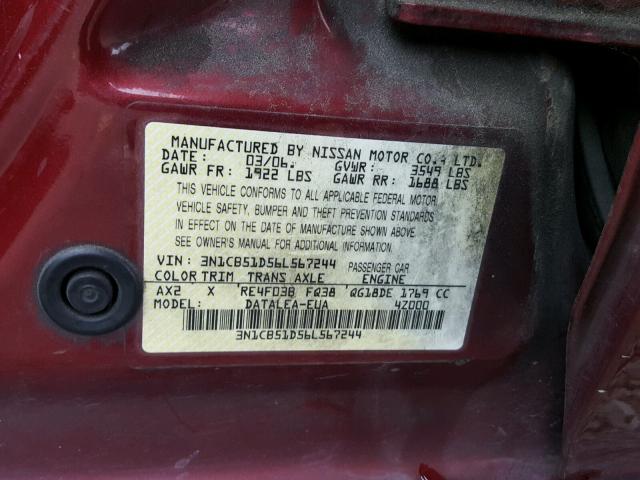 3N1CB51D56L567244 - 2006 NISSAN SENTRA 1.8 MAROON photo 10