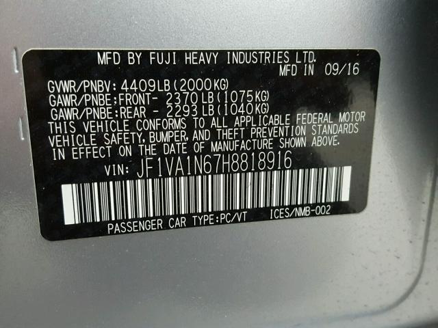 JF1VA1N67H8818916 - 2017 SUBARU WRX LIMITE SILVER photo 10