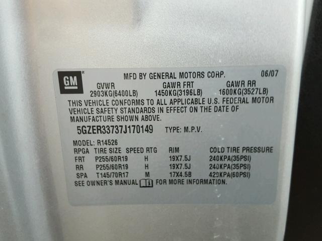 5GZER33737J170149 - 2007 SATURN OUTLOOK SP ვერცხლისფერი ფოტო 10