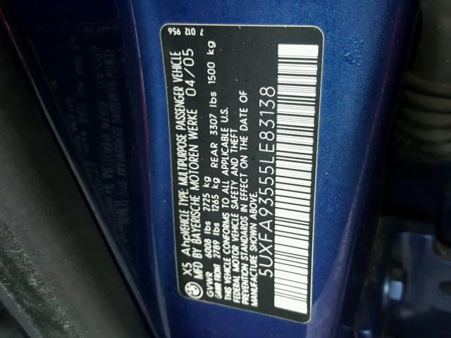 5UXFA93555LE83138 - 2005 BMW X5 4.8IS BLUE photo 10