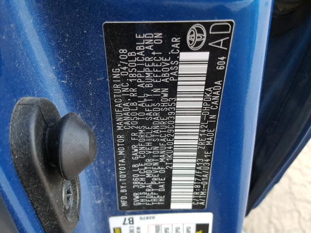 2T1KU40E29C039353 - 2009 TOYOTA COROLLA MA BLUE photo 10