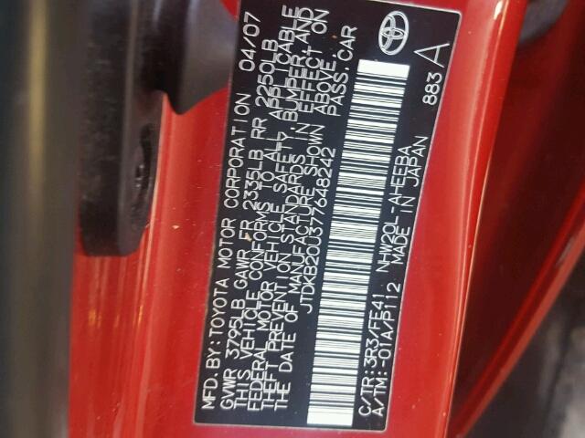 JTDKB20U377648242 - 2007 TOYOTA PRIUS RED photo 10