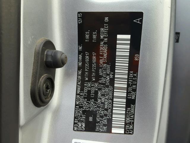 5TDYK3DC9FS689397 - 2015 TOYOTA SIENNA XLE SILVER photo 10