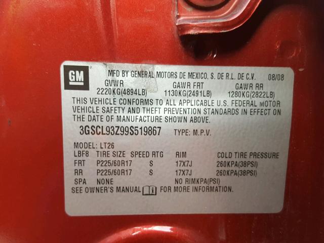 3GSCL93Z99S519867 - 2009 SATURN VUE HYBRID RED photo 10