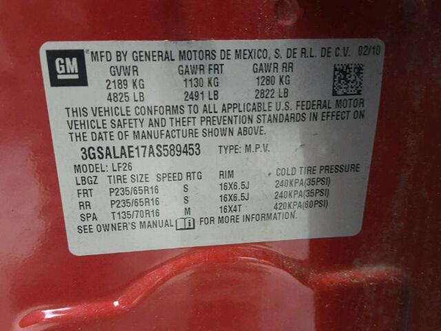 3GSALAE17AS589453 - 2010 SATURN VUE XE RED photo 10