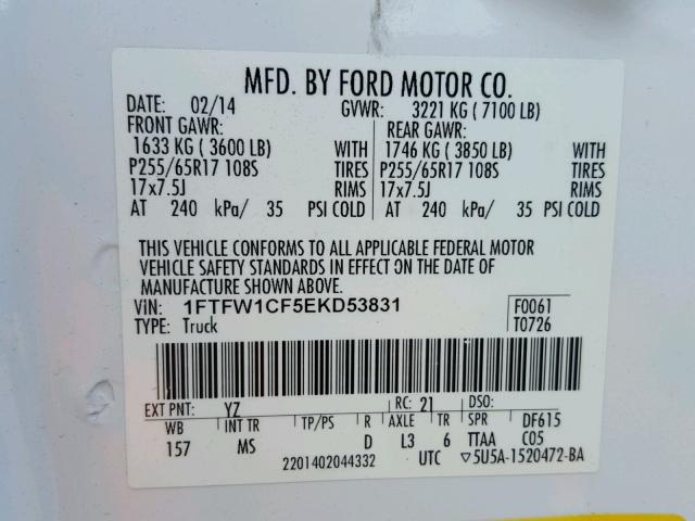 1FTFW1CF5EKD53831 - 2014 FORD F150 SUPER WHITE photo 10