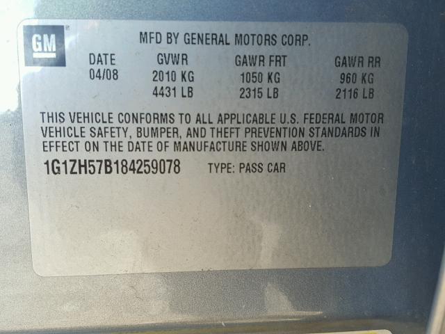 1G1ZH57B184259078 - 2008 CHEVROLET MALIBU 1LT BLUE photo 10