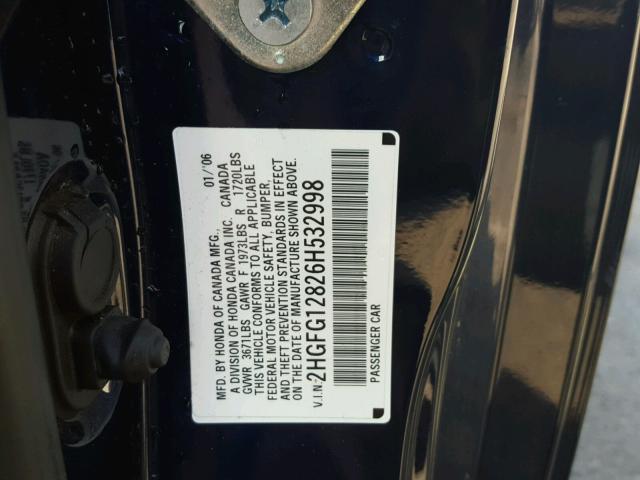2HGFG12826H532998 - 2006 HONDA CIVIC EX 蓝色 照片 10