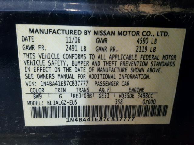 1N4BA41E87C837777 - 2007 NISSAN MAXIMA SE BLUE photo 10