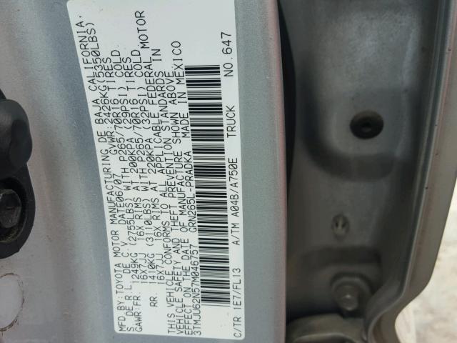 3TMJU62N57M046757 - 2007 TOYOTA TACOMA DOU SILVER photo 10