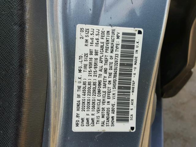 SHSRD78945U326733 - 2005 HONDA CR-V SE GRAY photo 10