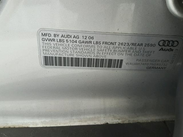 WAUAH74F07N093732 - 2007 AUDI A6 3.2 SILVER photo 10