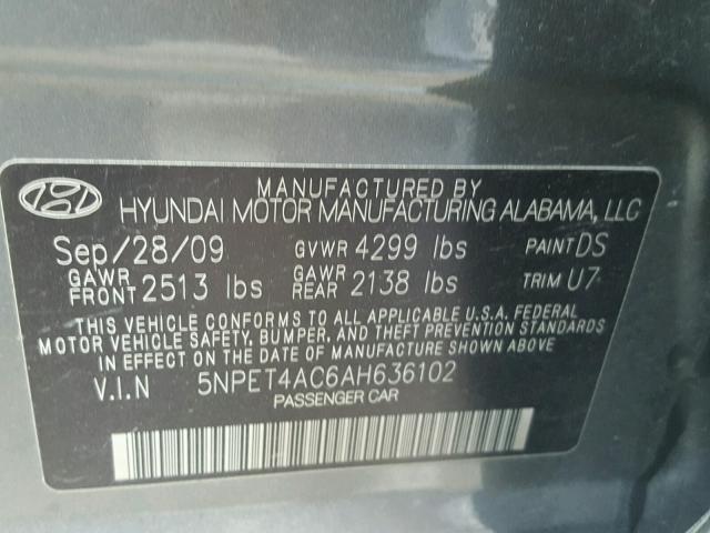 5NPET4AC6AH636102 - 2010 HYUNDAI SONATA GLS GRAY photo 10