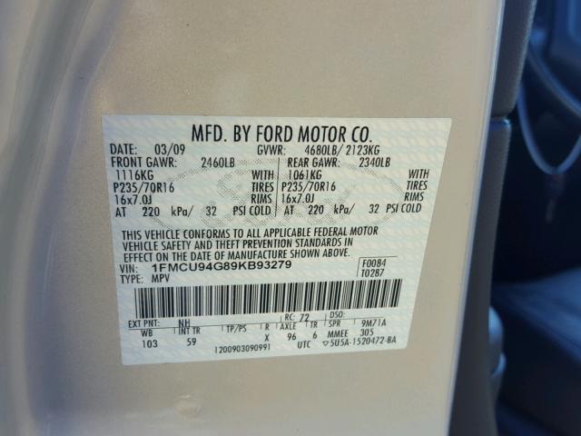 1FMCU94G89KB93279 - 2009 FORD ESCAPE LIM CREAM photo 10