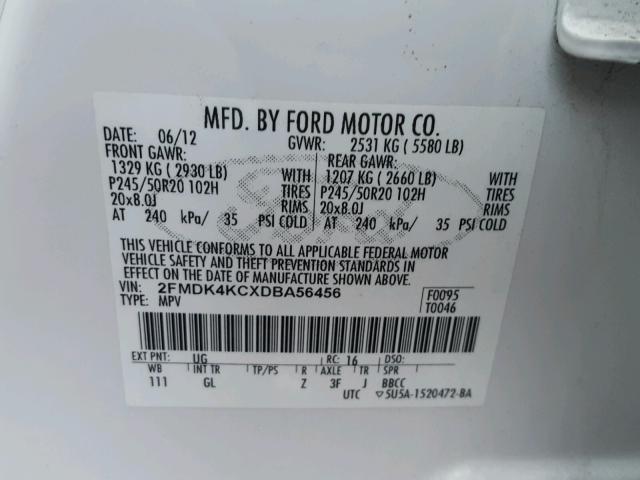 2FMDK4KCXDBA56456 - 2013 FORD EDGE LIMIT WHITE photo 10