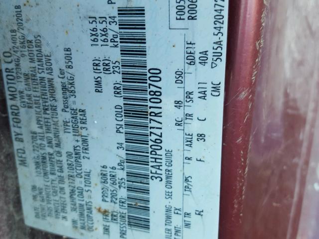 3FAHP06Z17R108700 - 2007 FORD FUSION S MAROON photo 10