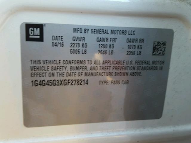 1G4G45G3XGF278214 - 2016 BUICK LACROSSE S WHITE photo 10