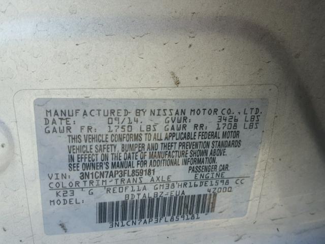 3N1CN7AP3FL859181 - 2015 NISSAN VERSA S SILVER photo 10