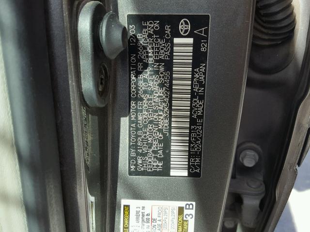 JTDBE32K540274455 - 2004 TOYOTA CAMRY LE GRAY photo 10