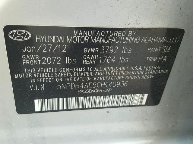 5NPDH4AE5CH140936 - 2012 HYUNDAI ELANTRA GL SILVER photo 10