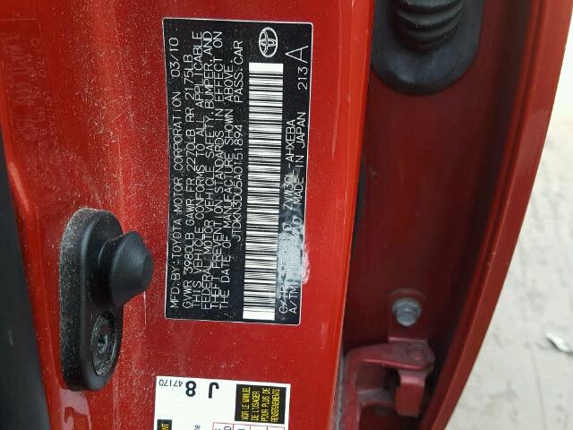 JTDKN3DU5A0151894 - 2010 TOYOTA PRIUS RED photo 10