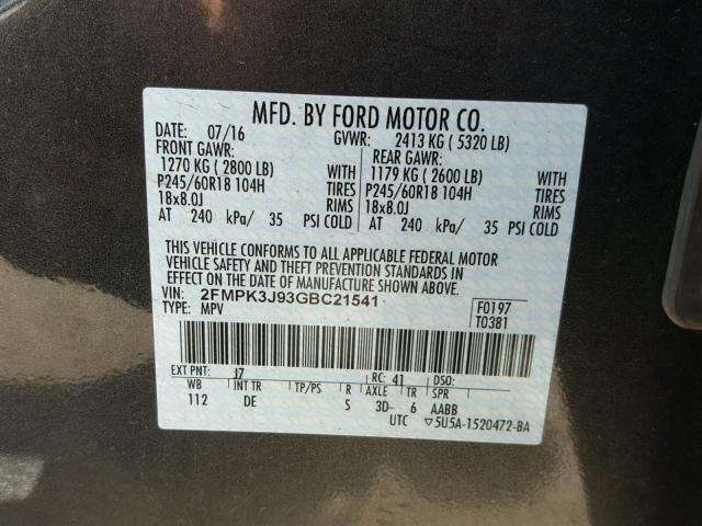 2FMPK3J93GBC21541 - 2016 FORD EDGE SEL GRAY photo 10