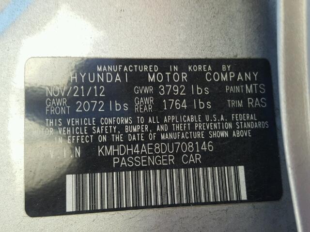 KMHDH4AE8DU708146 - 2013 HYUNDAI ELANTRA GL SILVER photo 10