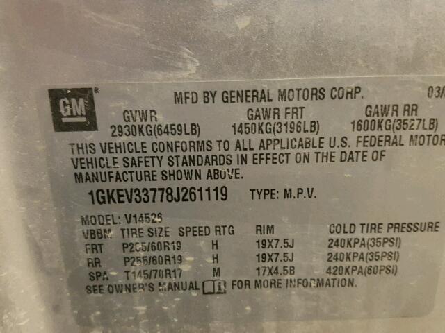 1GKEV33778J261119 - 2008 GMC ACADIA SLT ვერცხლისფერი ფოტო 10