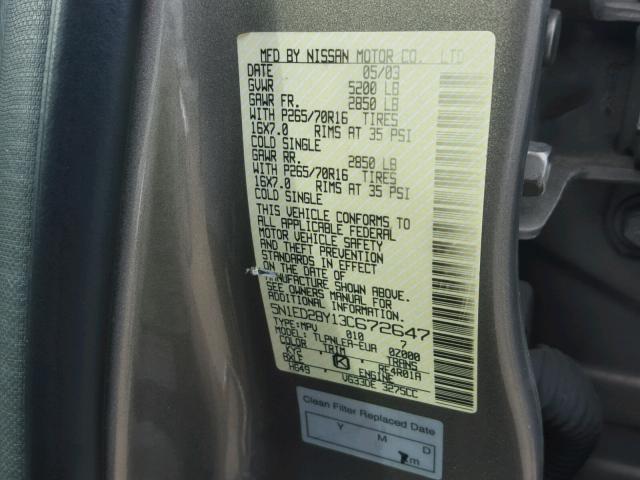 5N1ED28Y13C672647 - 2003 NISSAN XTERRA XE GRAY photo 10