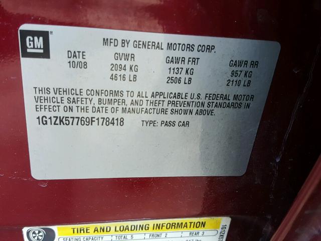 1G1ZK57769F178418 - 2009 CHEVROLET MALIBU LTZ 勃艮第红 照片 10
