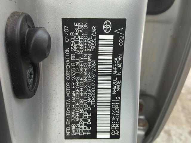 JTDKB20U777612764 - 2007 TOYOTA PRIUS SILVER photo 10