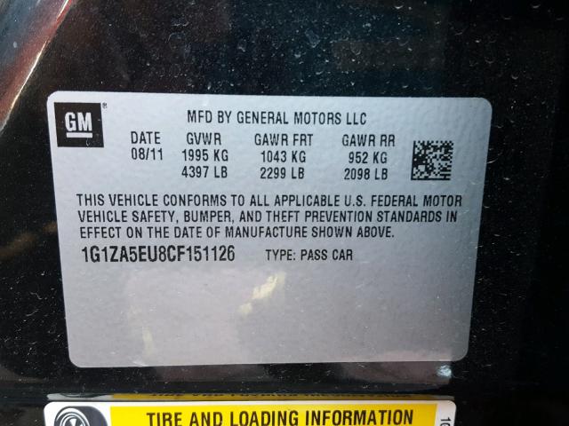 1G1ZA5EU8CF151126 - 2012 CHEVROLET MALIBU LS შავი ფოტო 10