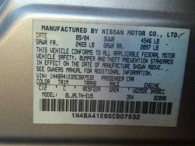 1N4BA41E85C807532 - 2005 NISSAN MAXIMA SE GOLD photo 10