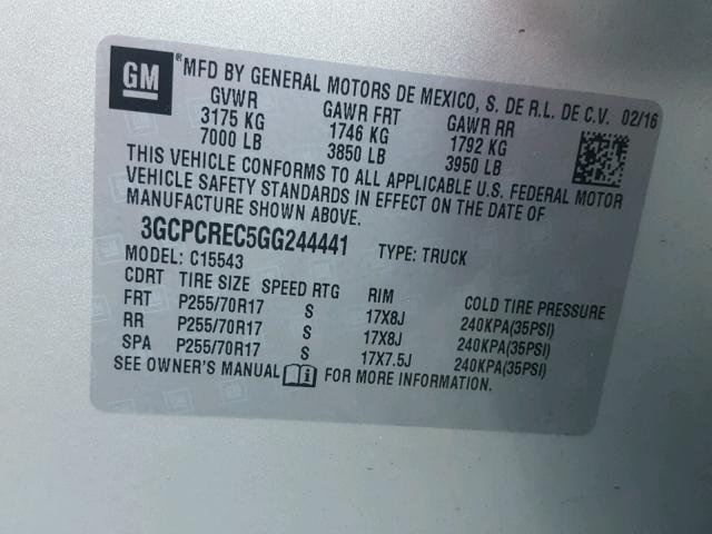 3GCPCREC5GG244441 - 2016 CHEVROLET SILVERADO SILVER photo 10