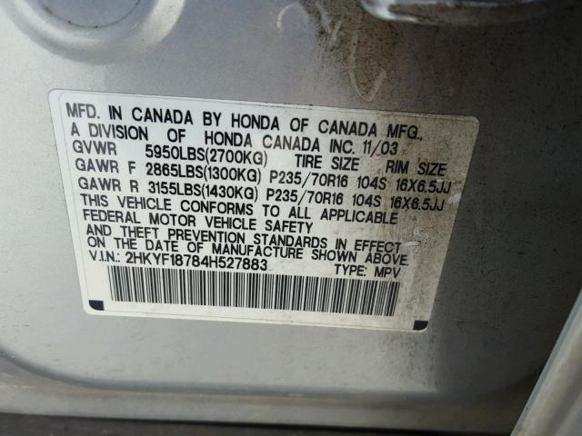 2HKYF18784H527883 - 2004 HONDA PILOT EXL SILVER photo 10