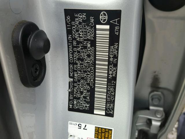 JTDKB20U477585555 - 2007 TOYOTA PRIUS SILVER photo 10