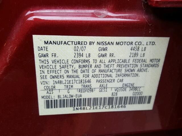 1N4BL21E17C181646 - 2007 NISSAN ALTIMA 3.5 RED photo 10