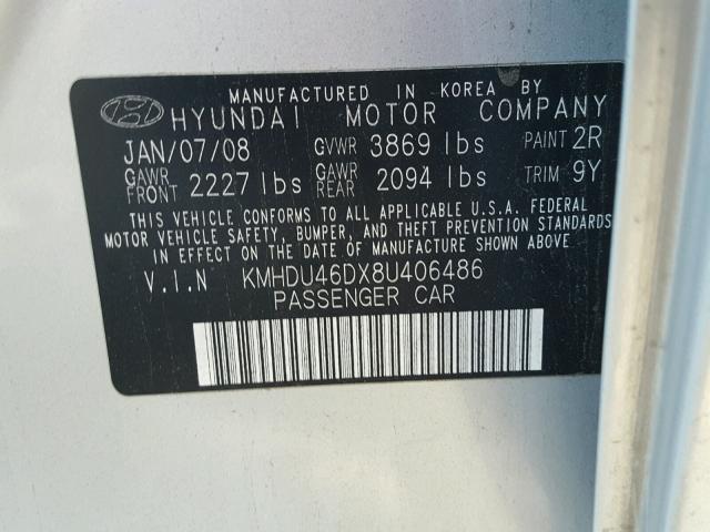 KMHDU46DX8U406486 - 2008 HYUNDAI ELANTRA GL SILVER photo 10