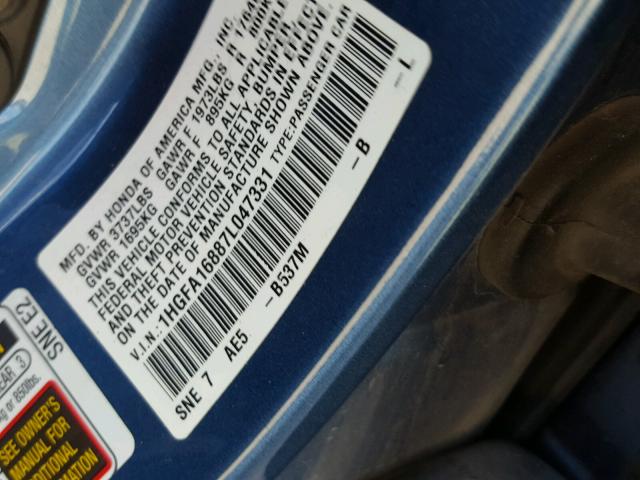 1HGFA16887L047331 - 2007 HONDA CIVIC EX 蓝色 照片 10