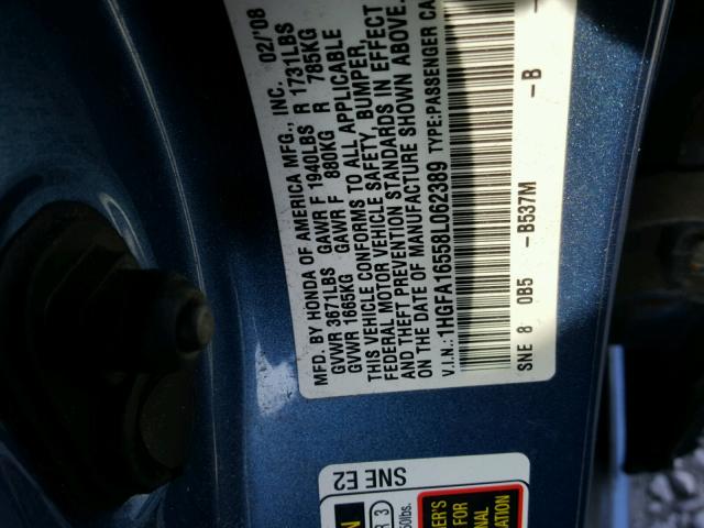 1HGFA16558L062389 - 2008 HONDA CIVIC LX BLUE photo 10